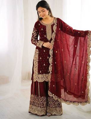 Maroon heavy embroidered sharara set 1