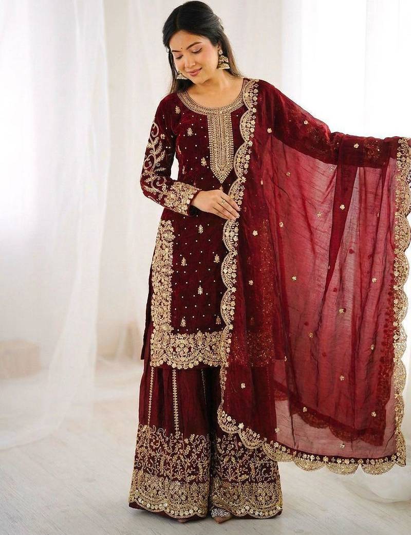 Maroon heavy embroidered sharara set
