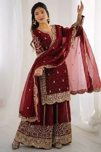 Maroon heavy embroidered sharara set