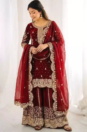 Maroon heavy embroidered sharara set