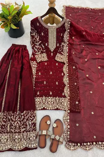 Maroon heavy embroidered sharara set