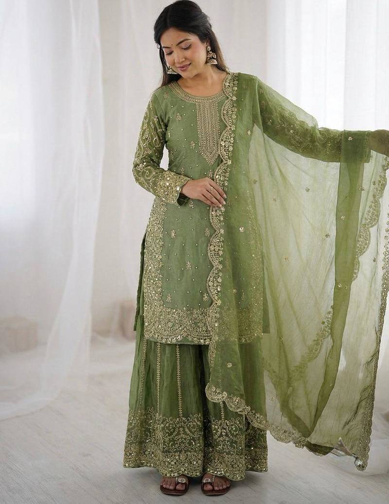 Green heavy embroidered suit