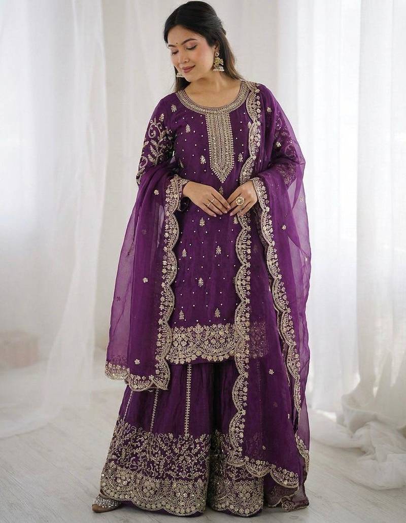 Royal purple embroidered sharara