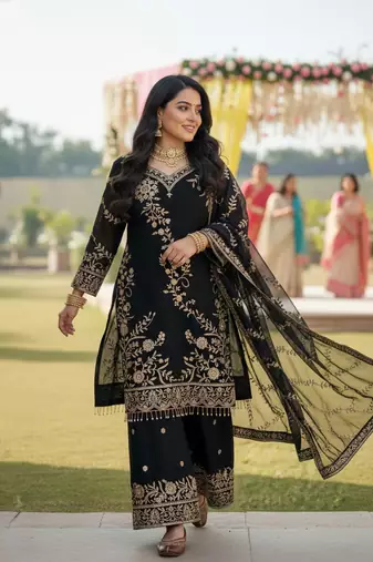 Black & gold embroidered palazzo suit