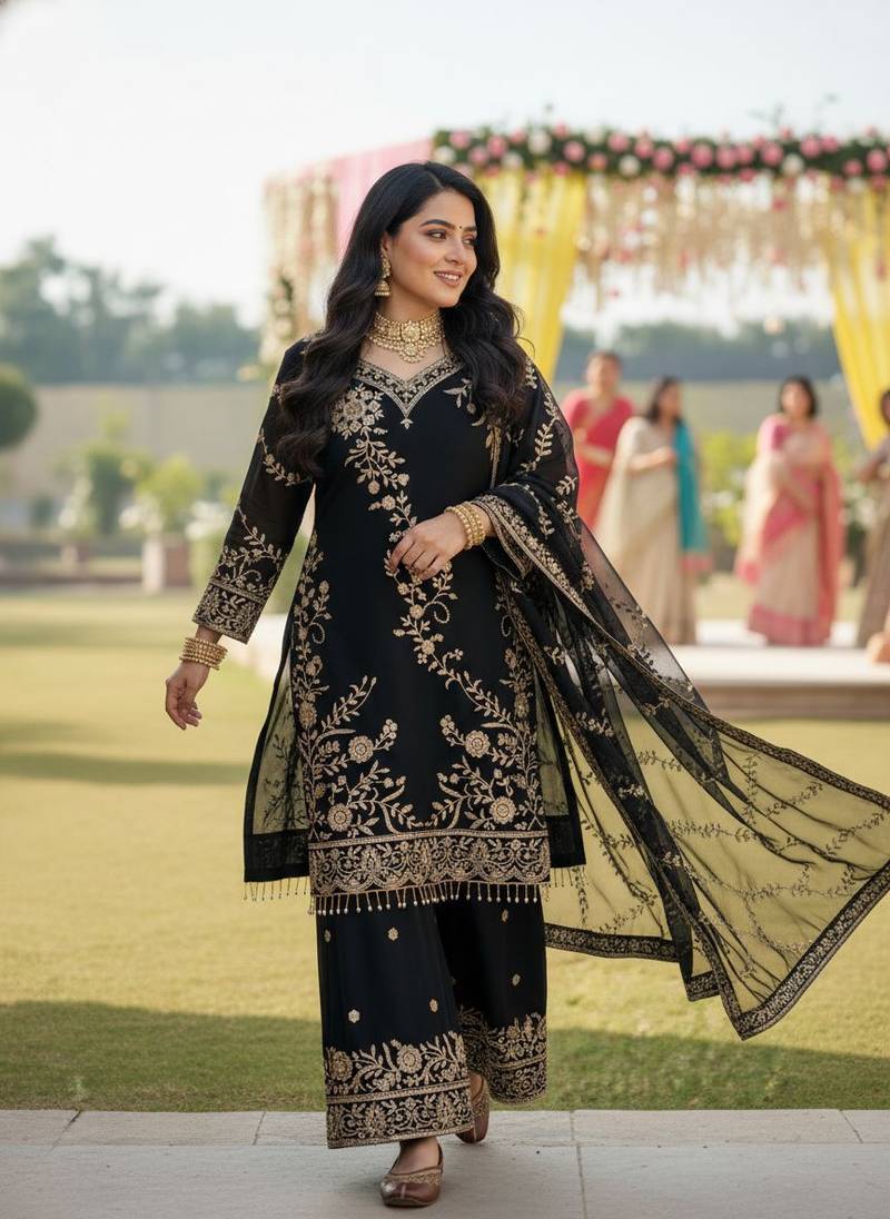 Black & gold embroidered palazzo suit