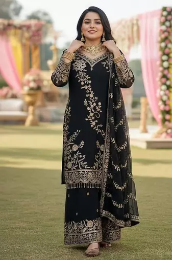 Black & gold embroidered palazzo suit