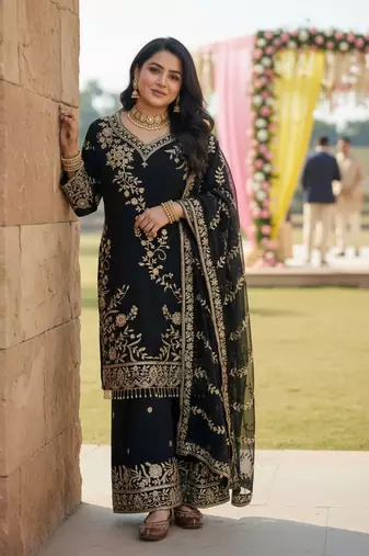 Black & gold embroidered palazzo suit