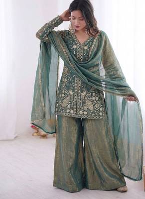 Sage green heavy embroidered suit 1