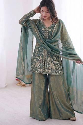 Sage green heavy embroidered suit