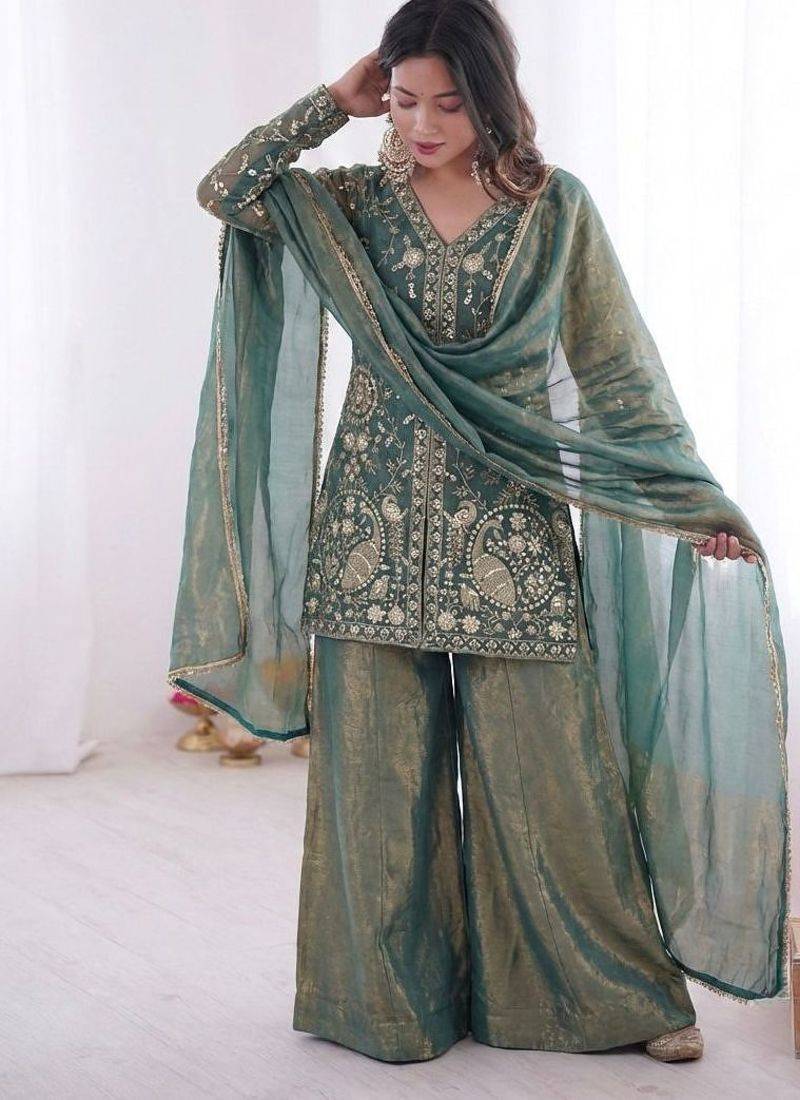 Sage green heavy embroidered suit