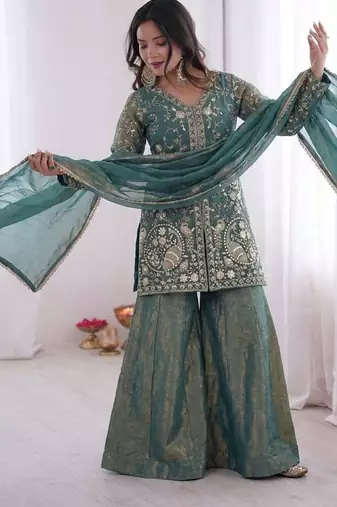 Sage green heavy embroidered suit