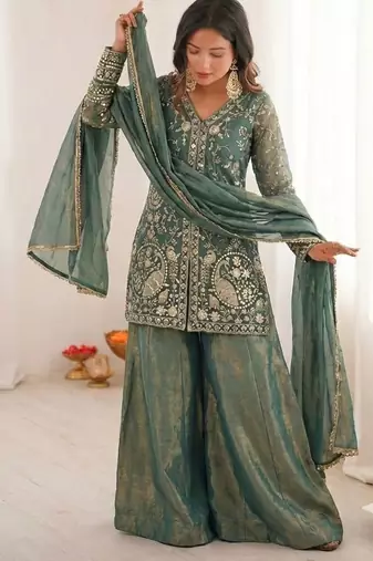 Sage green heavy embroidered suit