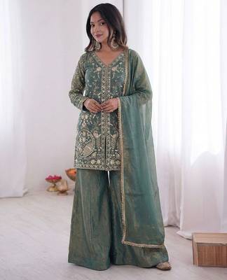 Sage green heavy embroidered suit 4