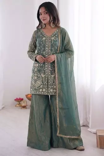 Sage green heavy embroidered suit
