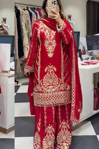 Red heavy embroidered sharara set
