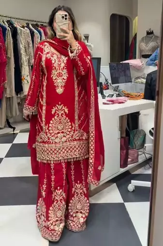 Red heavy embroidered sharara set