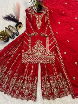 Red heavy embroidered sharara set 3