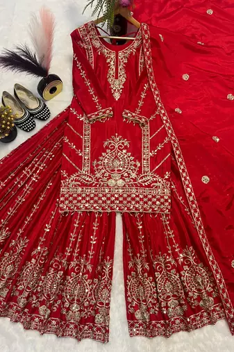 Red heavy embroidered sharara set