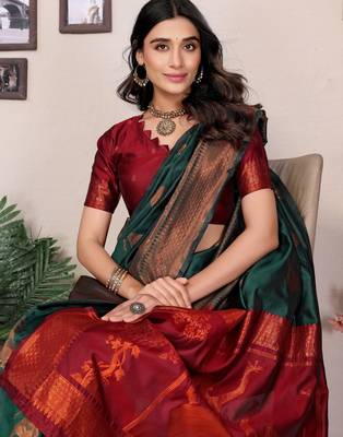green silk blend banarasi saree with blouse  4