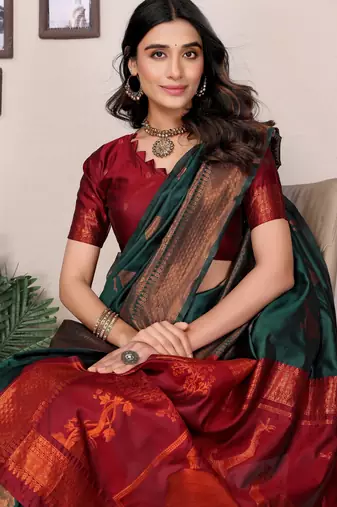 green silk blend banarasi saree with blouse 