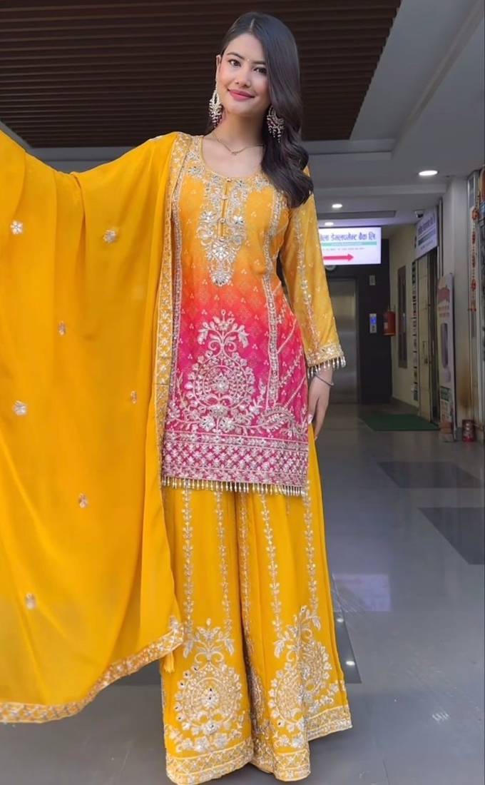 Yellow pink designer sharara