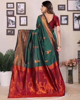 green silk blend banarasi saree with blouse  5