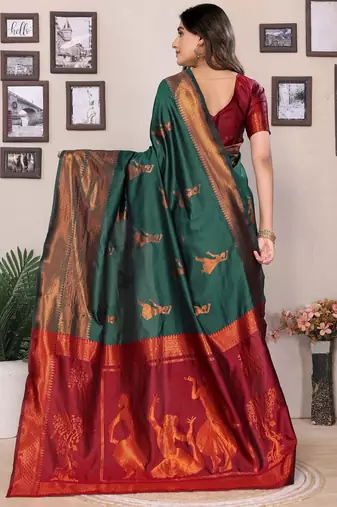 green silk blend banarasi saree with blouse 