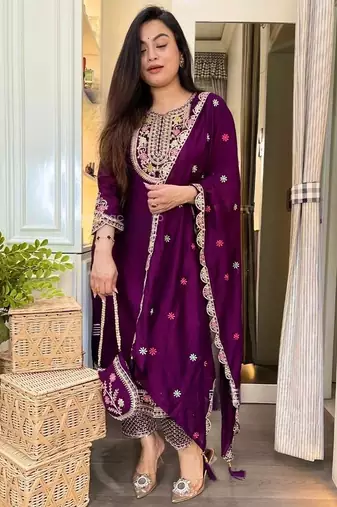 Purple straight suit with embroidered dupatta