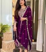 Purple straight suit with embroidered dupatta