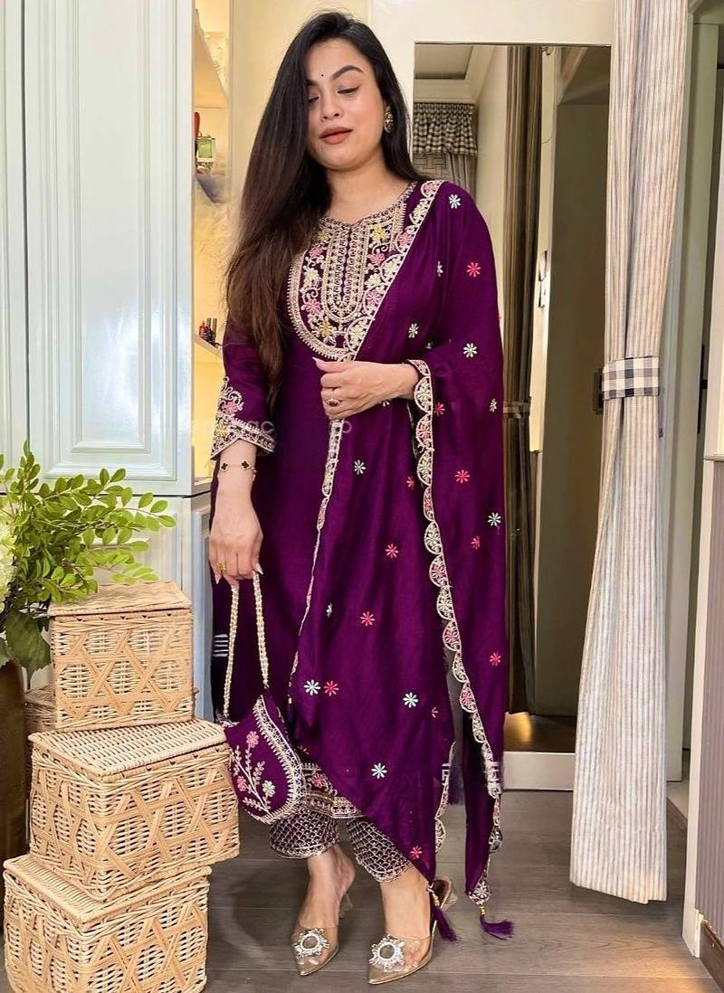 Purple straight suit with embroidered dupatta