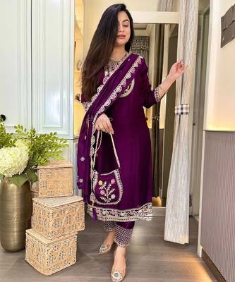 Purple straight suit with embroidered dupatta 2