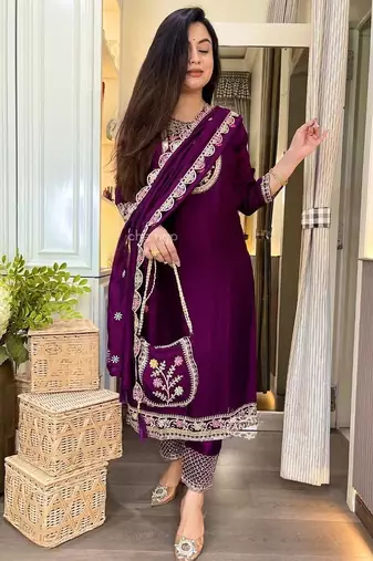 Purple straight suit with embroidered dupatta