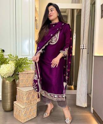 Purple straight suit with embroidered dupatta 3