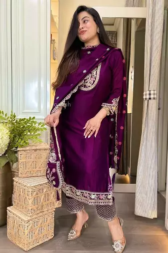Purple straight suit with embroidered dupatta