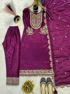 Purple straight suit with embroidered dupatta 4