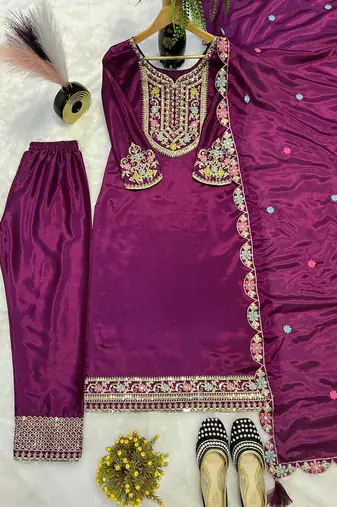 Purple straight suit with embroidered dupatta