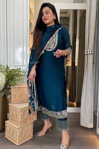 Teal blue embroidered suit set