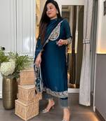 Teal blue embroidered suit set