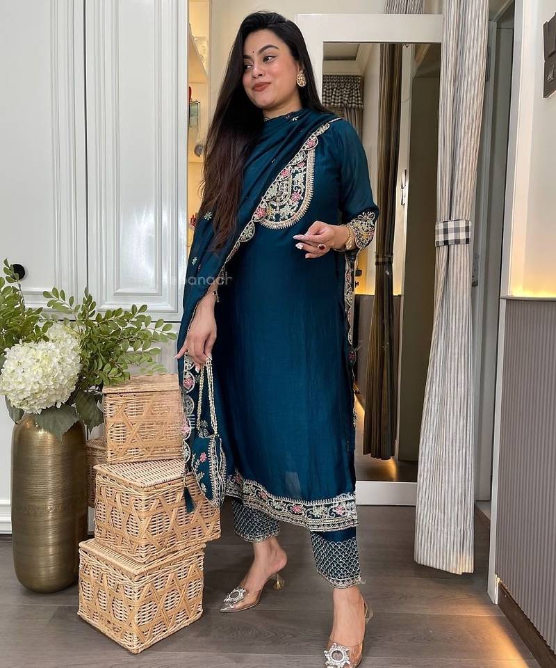 Teal blue embroidered suit set