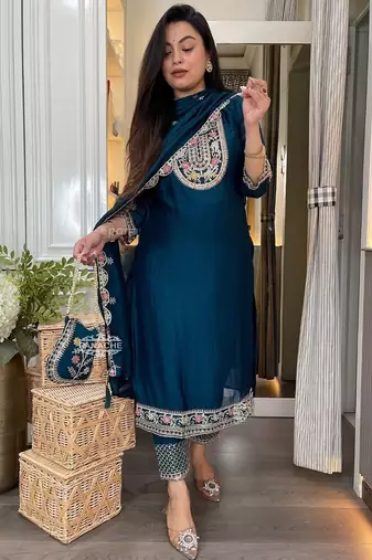 Teal blue embroidered suit set