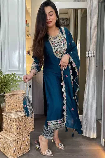 Teal blue embroidered suit set