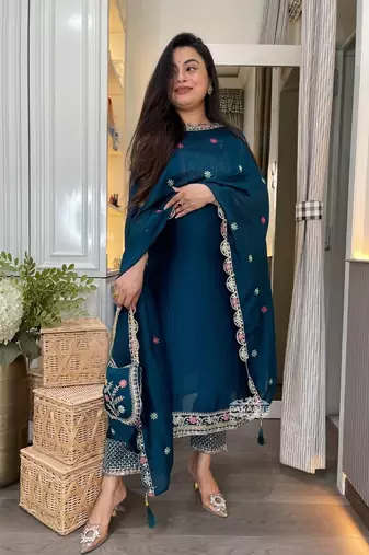 Teal blue embroidered suit set
