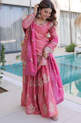 pink heavy embroidered sharara set