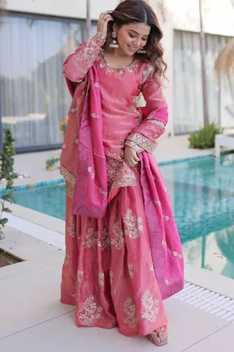 pink heavy embroidered sharara set