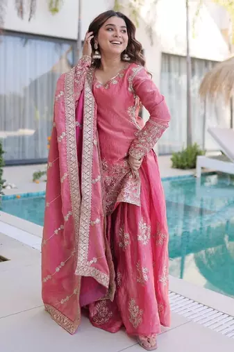 pink heavy embroidered sharara set