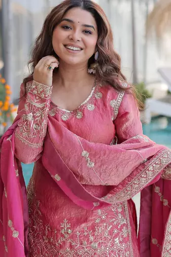 pink heavy embroidered sharara set