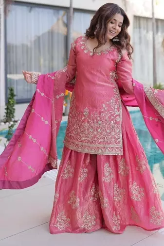 pink heavy embroidered sharara set