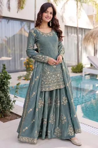 Blue olive dual tone designer embroidered sharara set