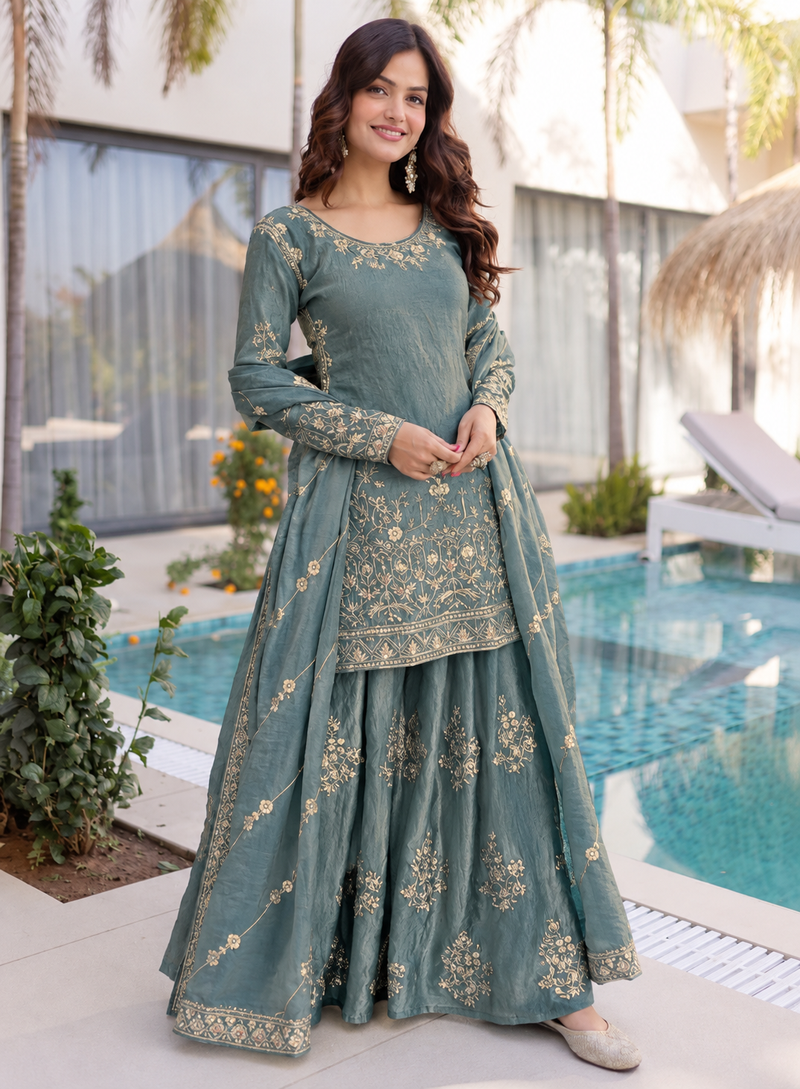 Blue olive dual tone designer embroidered sharara set