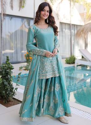 Blue designer embroidered sharara set 1
